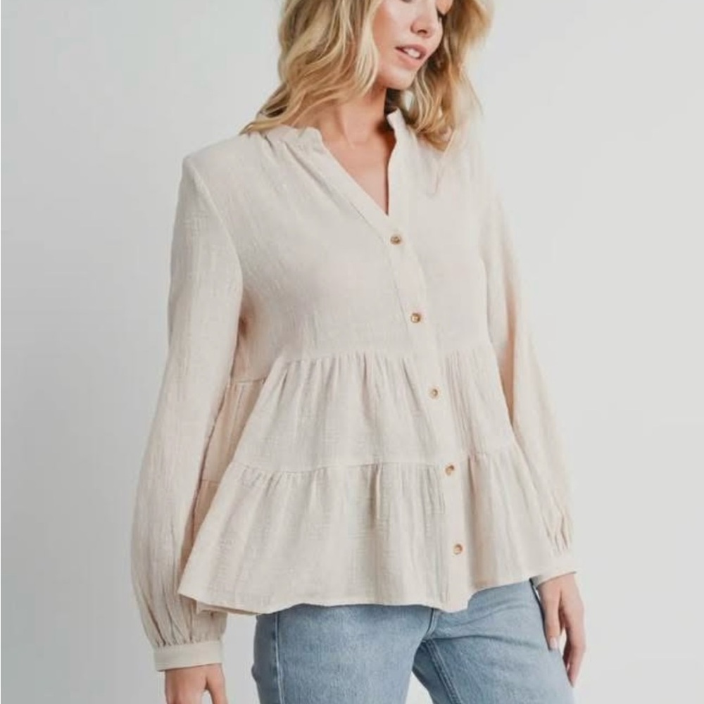 Bluivy Cream Tiered Button-Up Blouse